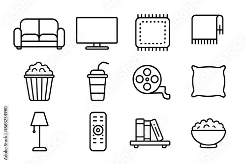 Cozy Cinema Icons. Outline icon set of cozy living room cinema: couch, TV screen, rug, blanket, popcorn bucket