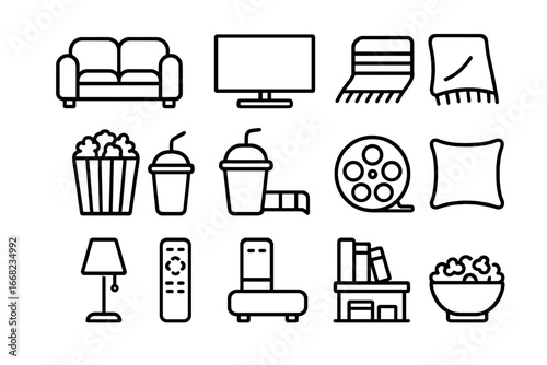 Cozy Cinema Icons. Outline icon set of cozy living room cinema: couch, TV screen, rug, blanket, popcorn bucket