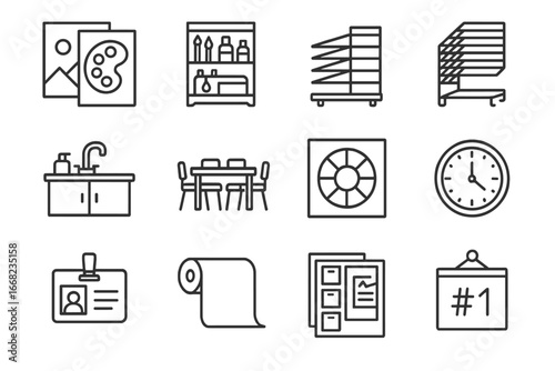 Creative Art Class Icons. Outline vector icons of creative art classroom environment: art posters, supply