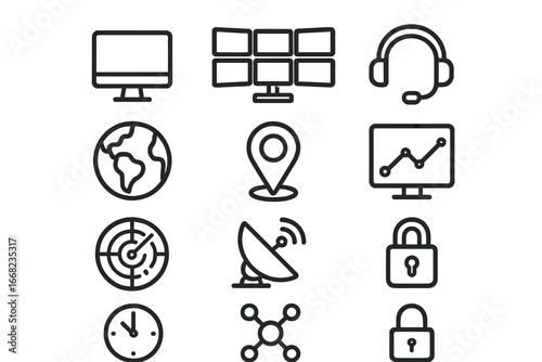 Crisis Monitoring Icon Set. Outline icon set of crisis monitoring centers: computer, multiple screens, headset