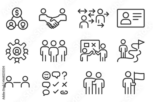 Cross-Department Team Icons. Outline vector icons of cross-department team events: department icons, handshake