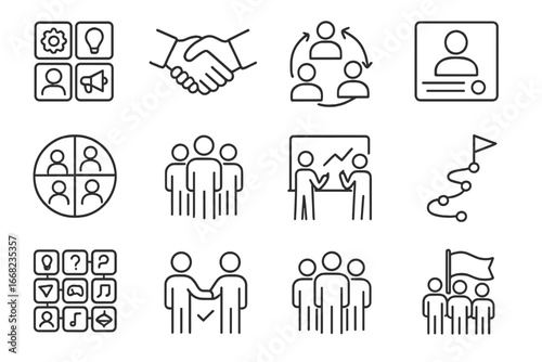 Cross-Department Team Icons. Outline vector icons of cross-department team events: department icons, handshake