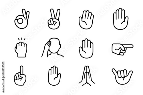 Cultural Gesture Icons. Outline icon set of cultural gestures: ok sign, peace sign, beckoning hand, open palm,