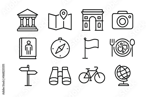 Cultural Exploration Icons. Outline icon set of cultural exploration: museum, map, landmark, camera, guidebook