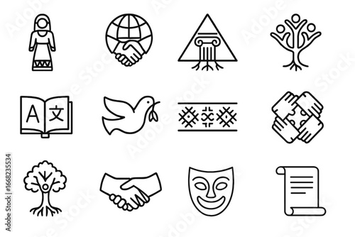 Cultural Icons Grid. Outline icon set of cultural inclusion: traditional dress, handshake globe, heritage