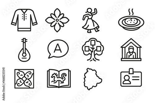 Cultural Identity Icons. Outline vector icons of cultural identity abroad: ethnic clothing, heritage symbol,