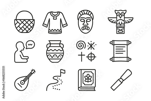 Cultural Heritage Icons. Outline icon set of cultural heritage: woven basket, traditional clothing, ceremonial