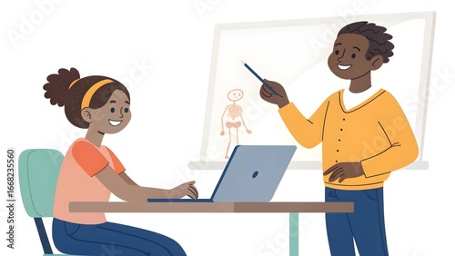 School classroom illustration with diverse students and teacher