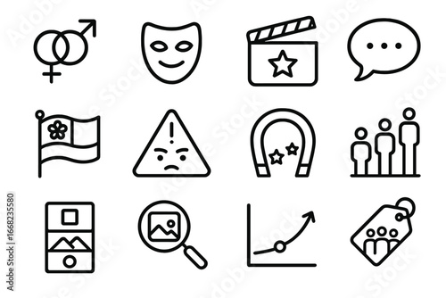 Cultural Media Icons Grid. Outline icon set of cultural media studies: gender icon, identity mask, film