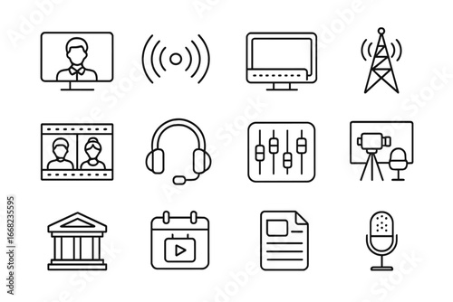 Cultural Media Icon Set. Outline icon set of cultural broadcasting media: TV news anchor, radio wave icon,
