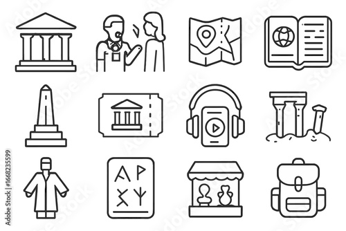 Cultural Tourism Icons. Outline icon set of cultural tourism and historical sites: ancient temple, guided tour