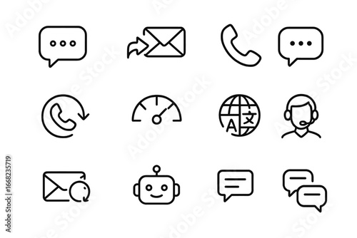 Customer Service Icons. Outline icon set of customer service communication: live chat icon, email reply, voice