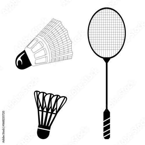 A black badminton racket with a shuttlecock is isolated against a white background, ready for a match