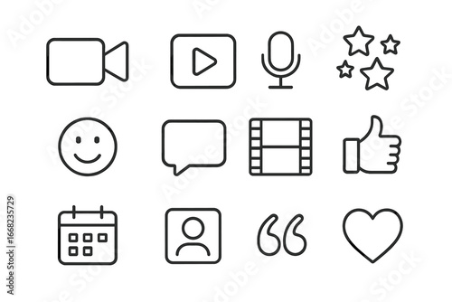 Customer Testimonials Icons. Outline icon set of customer testimonials video: video camera, play button,