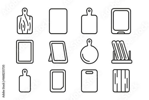 Cutting Board Icons. Outline icon set of cutting board styles: wooden board, plastic mat, rubber board, groove