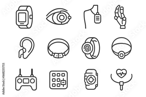 Cyberpunk Accessory Icons. Outline vector icons of cyberpunk accessories: smart bracelet, augmented eye, voice