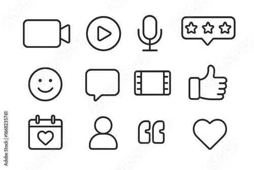 Customer Testimonials Icons. Outline icon set of customer testimonials video: video camera, play button,