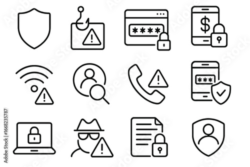 Cybersecurity Icon Set. Outline icon set of customer cybersecurity awareness: shield icon, phishing alert,