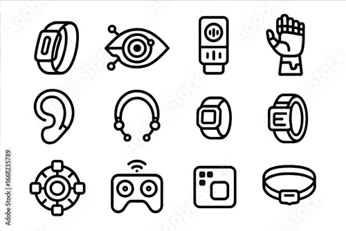 Cyberpunk Accessory Icons. Outline vector icons of cyberpunk accessories: smart bracelet, augmented eye, voice