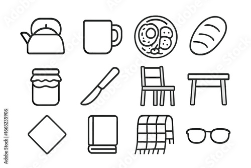 Dacha Morning Icons. Outline icon set of morning at the dacha: kettle, mug, breakfast plate, bread, jam jar,