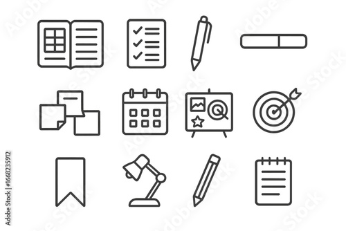 Daily Goal Tracker Icons. Outline icon set of daily goal tracking: planner, checklist, pen, progress bar,