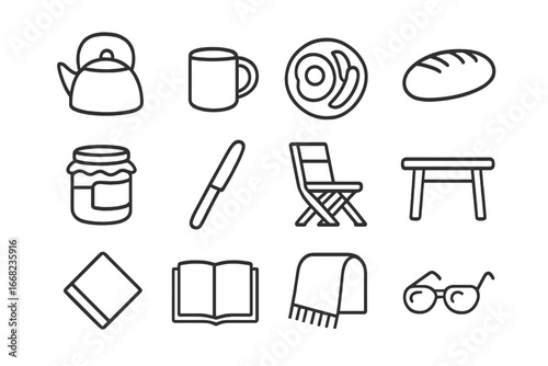 Dacha Morning Icons. Outline icon set of morning at the dacha: kettle, mug, breakfast plate, bread, jam jar,