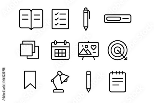 Daily Goal Tracker Icons. Outline icon set of daily goal tracking: planner, checklist, pen, progress bar,