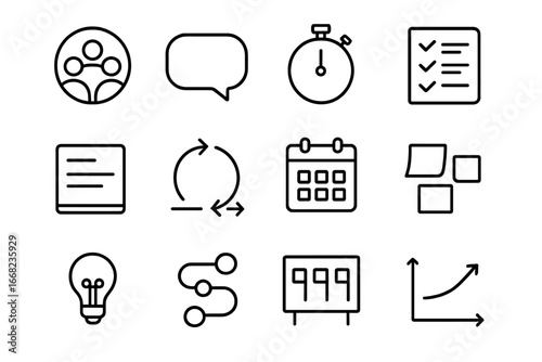 Daily Stand-Up Icon Set. Outline icon set of daily stand-up meeting: team circle, speech bubble, stopwatch,