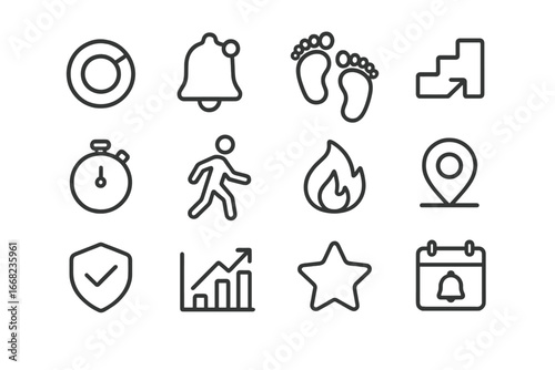 Daily Goals Icon Set. Outline icon set of daily activity goals: move ring, stand alert, steps icon, floor