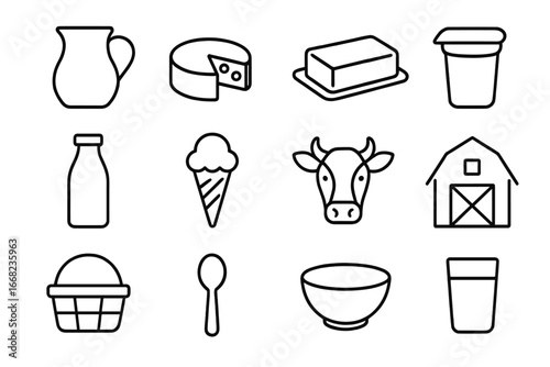 Dairy Icons Collection. Outline icon set of local dairy products: milk jug, cheese wheel, butter, yogurt cup,