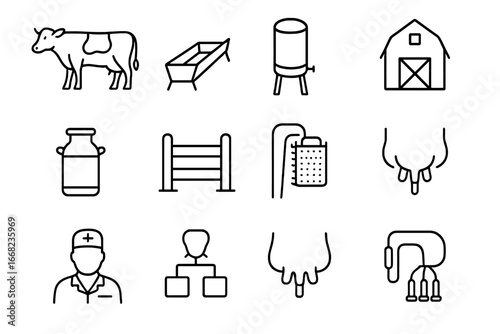 Dairy Farm Icons Grid. Outline vector icons of dairy cattle farming: milking cow, feed trough, water tank,