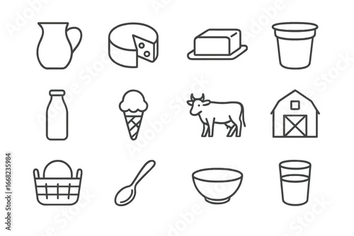 Dairy Icons Collection. Outline icon set of local dairy products: milk jug, cheese wheel, butter, yogurt cup,