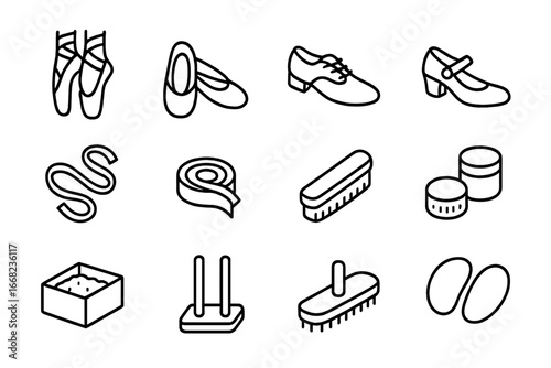 Dance Footwear Icons. Outline icon set of dance footwear: pointe shoes, ballet slippers, practice shoes, soft