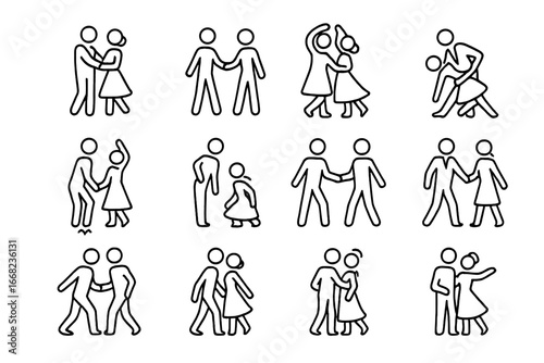 Dance Movement Icons. Outline icon set of ball dance movements: waltz pose, hand-in-hand, spinning couple, dip