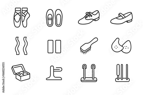 Dance Footwear Icons. Outline icon set of dance footwear: pointe shoes, ballet slippers, practice shoes, soft