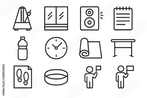 Dance Rehearsal Icons. Outline icon set of dance rehearsal tools: metronome, wall mirror, speaker, notepad,