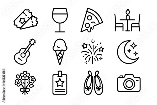 Date Night Icons. Outline icon set of date night ideas: movie tickets, wine glass, pizza, candlelit table,