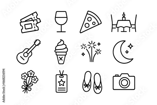 Date Night Icons. Outline icon set of date night ideas: movie tickets, wine glass, pizza, candlelit table,