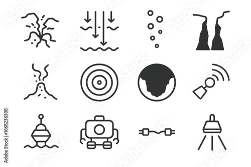 Deep-Sea Icon Grid. Outline icon set of ocean depths and pressure: crushing rocks, water columns, bubbles
