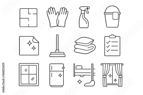 Deep Cleaning Icons. Outline icon set of deep cleaning weekend: room plan, rubber gloves, soap sprayer, bucket