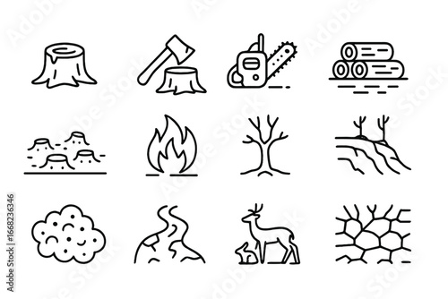 Deforestation Impact Icons. Outline icon set of deforestation impact: tree stump, axe, chainsaw, log pile,