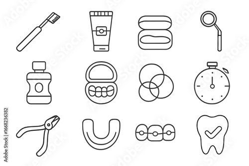 Dental Products Icons. Outline icon set of dental products for braces: orthodontic brush, paste for braces,
