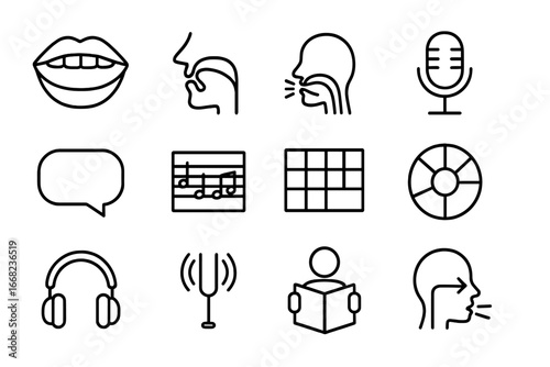 Diction Icon Set. Outline icon set of diction and articulation: mouth icon, tongue diagram, lip movement,