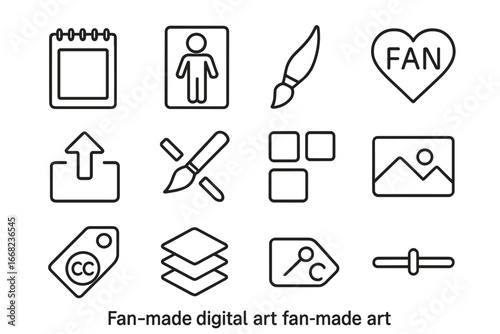 Digital Art Icons. Outline icon set of fan-made digital art: sketchpad, character design, digital brush, fan
