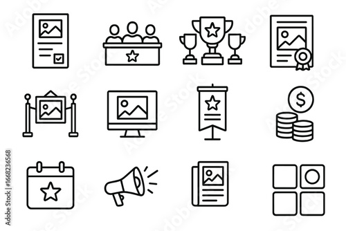 Digital Art Contest Icons. Outline icon set of digital art contests and exhibitions: submission form, judging