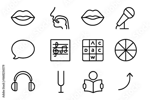 Diction Icon Set. Outline icon set of diction and articulation: mouth icon, tongue diagram, lip movement,