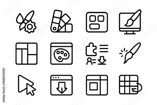 Digital Art Tool Icons. Outline icon set of digital art tools customization: brush settings, color swatches,