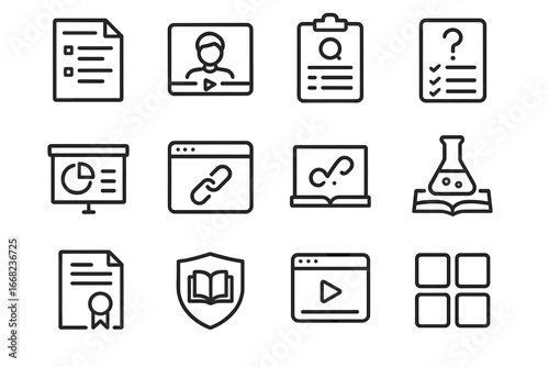 Digital Learning Icons. Outline icon set of digital learning content: course outline, instructor video, quiz