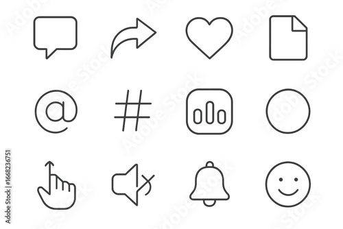 Digital Media Icon Set. Outline icon set of user interaction in digital media: comment bubble, share arrow,