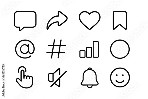 Digital Media Icon Set. Outline icon set of user interaction in digital media: comment bubble, share arrow,